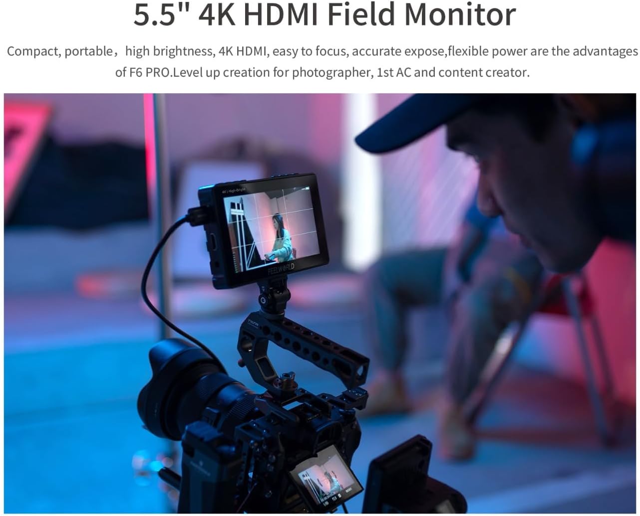 FEELWORLD F6 Pro +NP-F970 Battery, Charger, Storage Case kit, 5.5 Inch 4K HDMI Touch Screen On-Camera Monitor 1600nits High Bright FHD 1920x1080 Filed Monitor with F970 External Install and Power kit