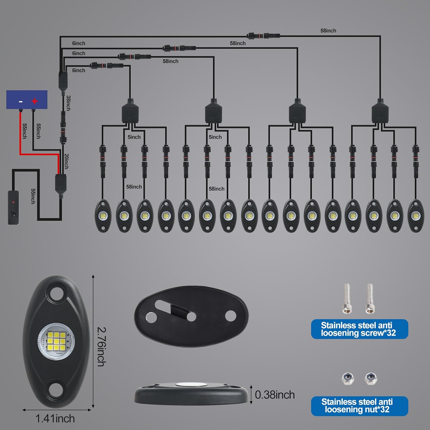 24pods White Rock Lights kit Dc 12v-80v 6000k Aluminum Pure White Led Rock Lights with Switch Wiring Harness Kit Ip68 Waterproof for Trucks Pickup Offroad Car SUV Utv ATV Rv Fends Underglow Lights