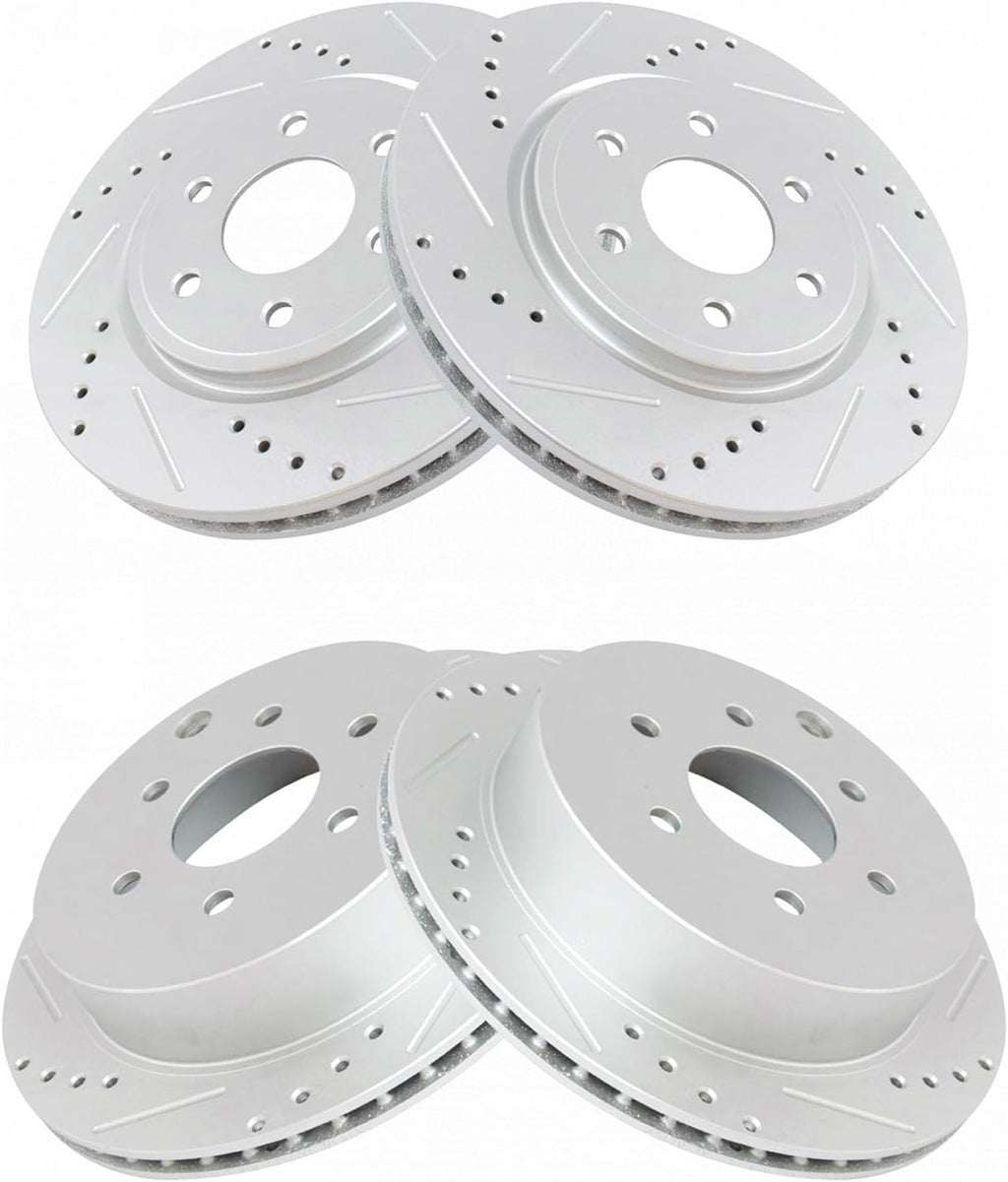 TRQ Performance Front and Rear Brake Rotor Set G Coated Drilled and Slotted Vented Compatible with 2005-2024 Nissan Frontier 2005-2015 Xterra 2009-2012 Suzuki Equator