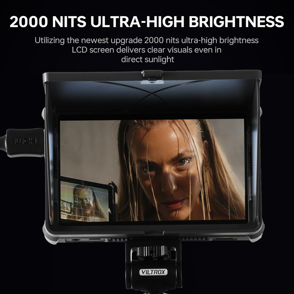 VILTROX DC-X3 6Inch 2000nits Camera Field Monitor, 4K HDMI/SDI IPS Touch Screen with 3D LUT, HD 1920x1080 Video Monitors with Sunshade Hood/NP-F550 Battery Compatible for DSLR Camcorder Cameras