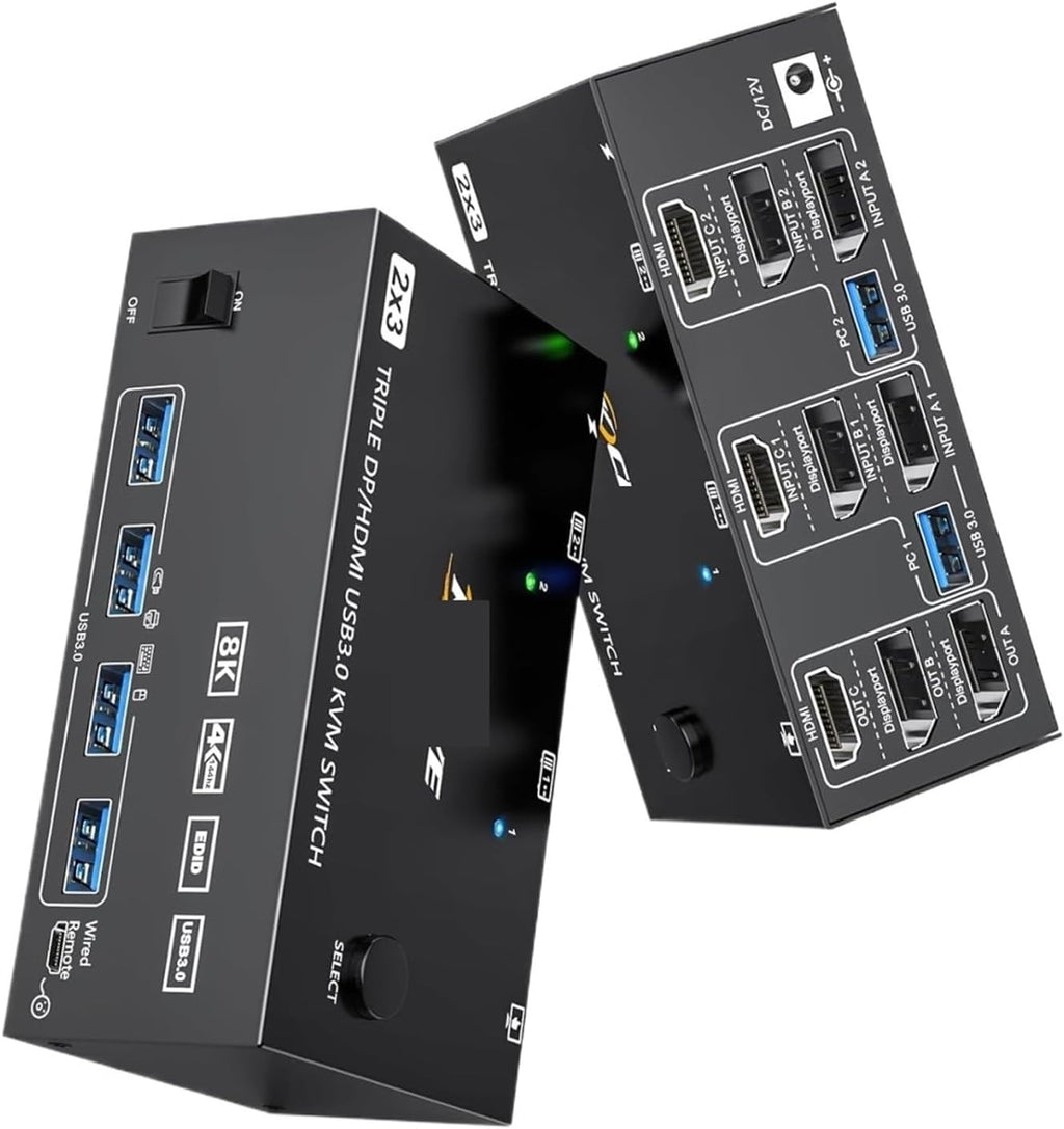 Triple Monitors KVM Switch 2 Displayport + HDMI USB 3.0 KVM Switch 8K@60Hz,4K@120Hz,Apply to 3 Monitors 2 Computers KVM Switch(203DH AU PLIG)