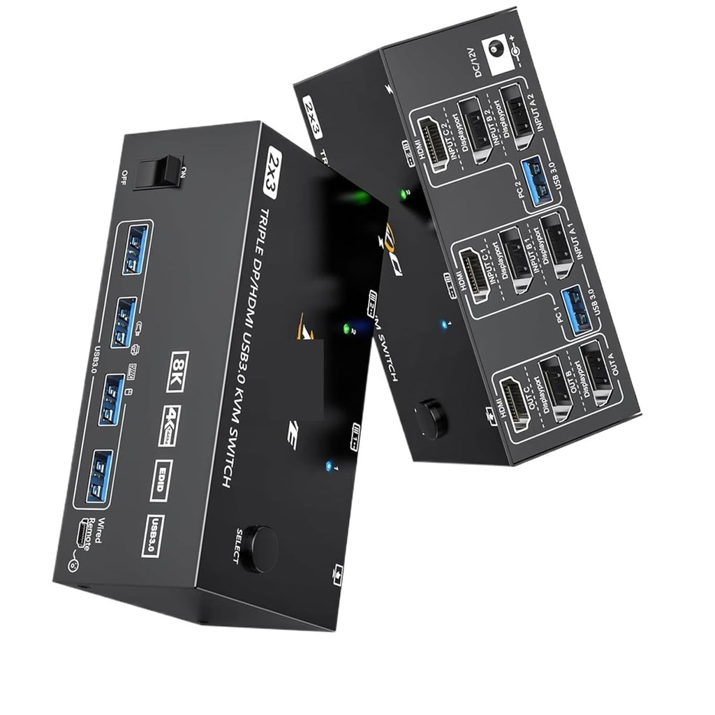 Triple Monitors KVM Switch 2 Displayport + HDMI USB 3.0 KVM Switch 8K@60Hz,4K@120Hz,Apply to 3 Monitors 2 Computers KVM Switch(203DH EU PLIG)