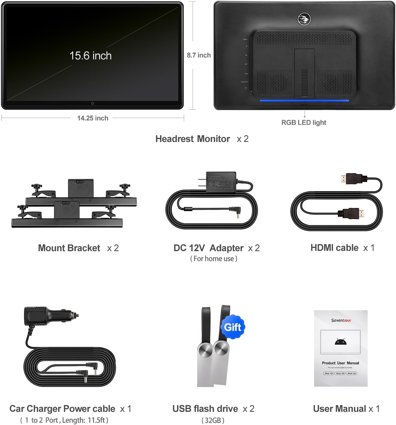 15.6 inch 4K Android Car TV Headrest Monitor for Cars Back seat Rear Entertainment System, Support Wireless Phone Link Touch Screen,with WiFi/Bluetooth/HDMI/USB/Video Player 2G+32G (2PCs)