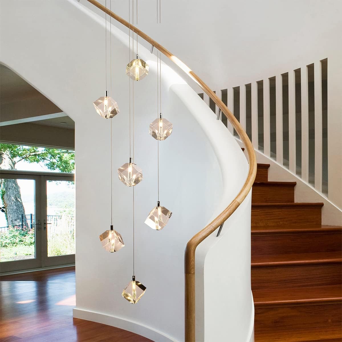 Cube Raindrop Staircase Chandelier, 7-Light Modern Cut Crystal Cluster Pendant Lights, 21W High Ceiling Square Crystal Foyer Chandelier Lighting Fixture for Living Room, Chrome