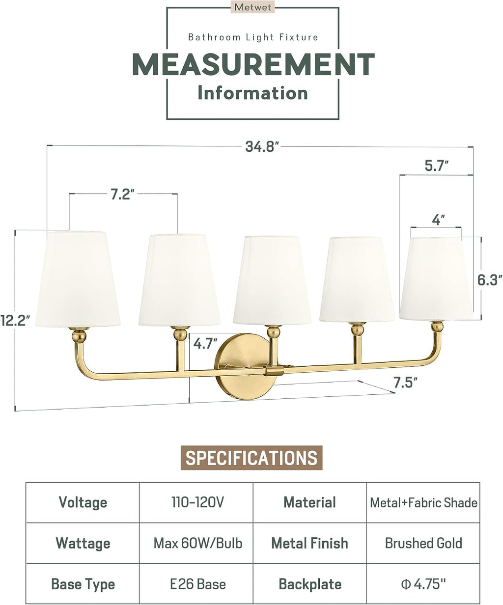 5-Light Bathroom Light Fixtures, Brushed Gold Vanity Lights with Flared Beige Fabric Shade, 35 Inch Wall Sconce, Vintage Sconces Wall Lighting for Hallway Bedroom, VL837-BG-B-5