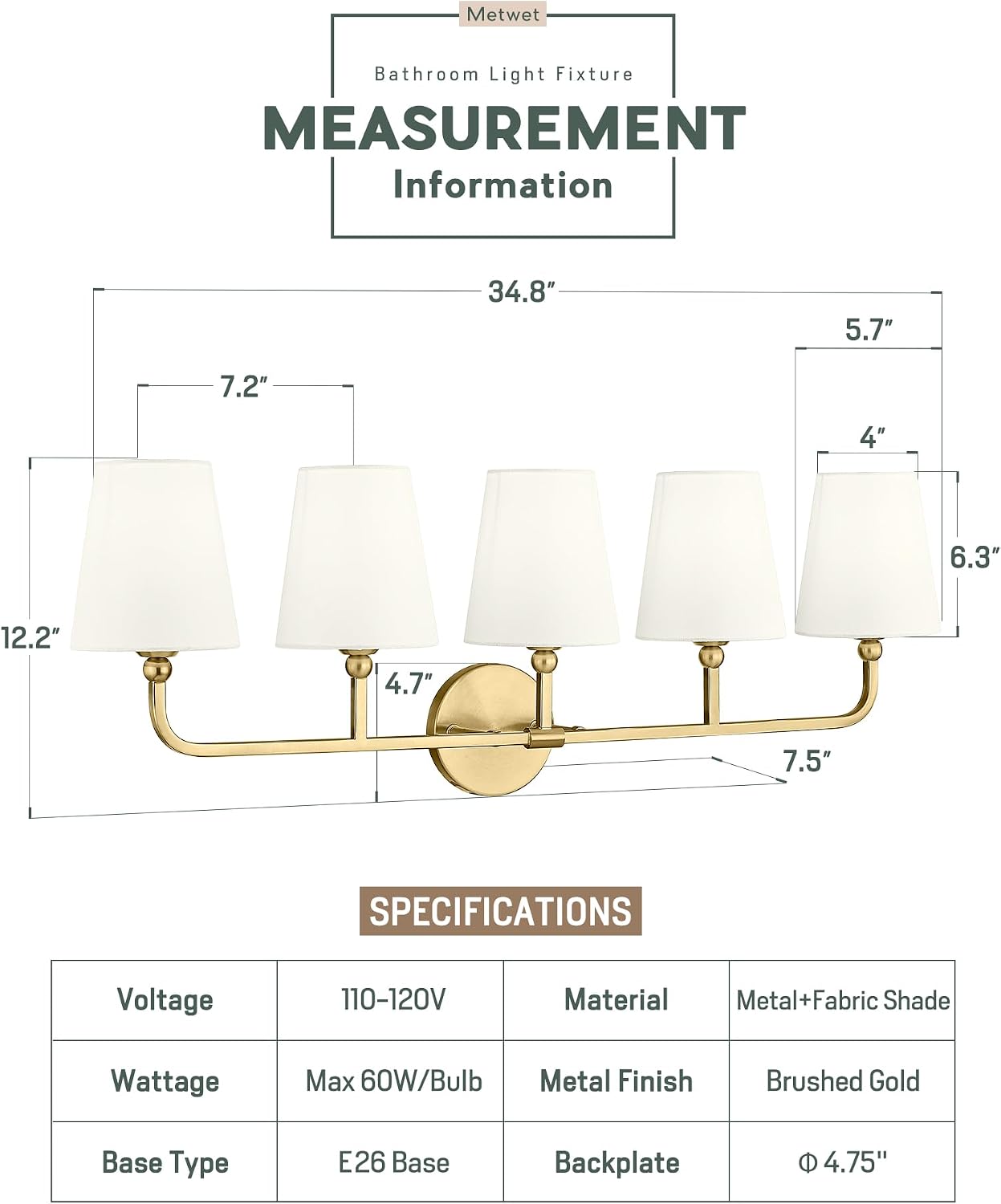 5-Light Bathroom Light Fixtures, Brushed Gold Vanity Lights with Flared Beige Fabric Shade, 35 Inch Wall Sconce, Vintage Sconces Wall Lighting for Hallway Bedroom, VL837-BG-B-5