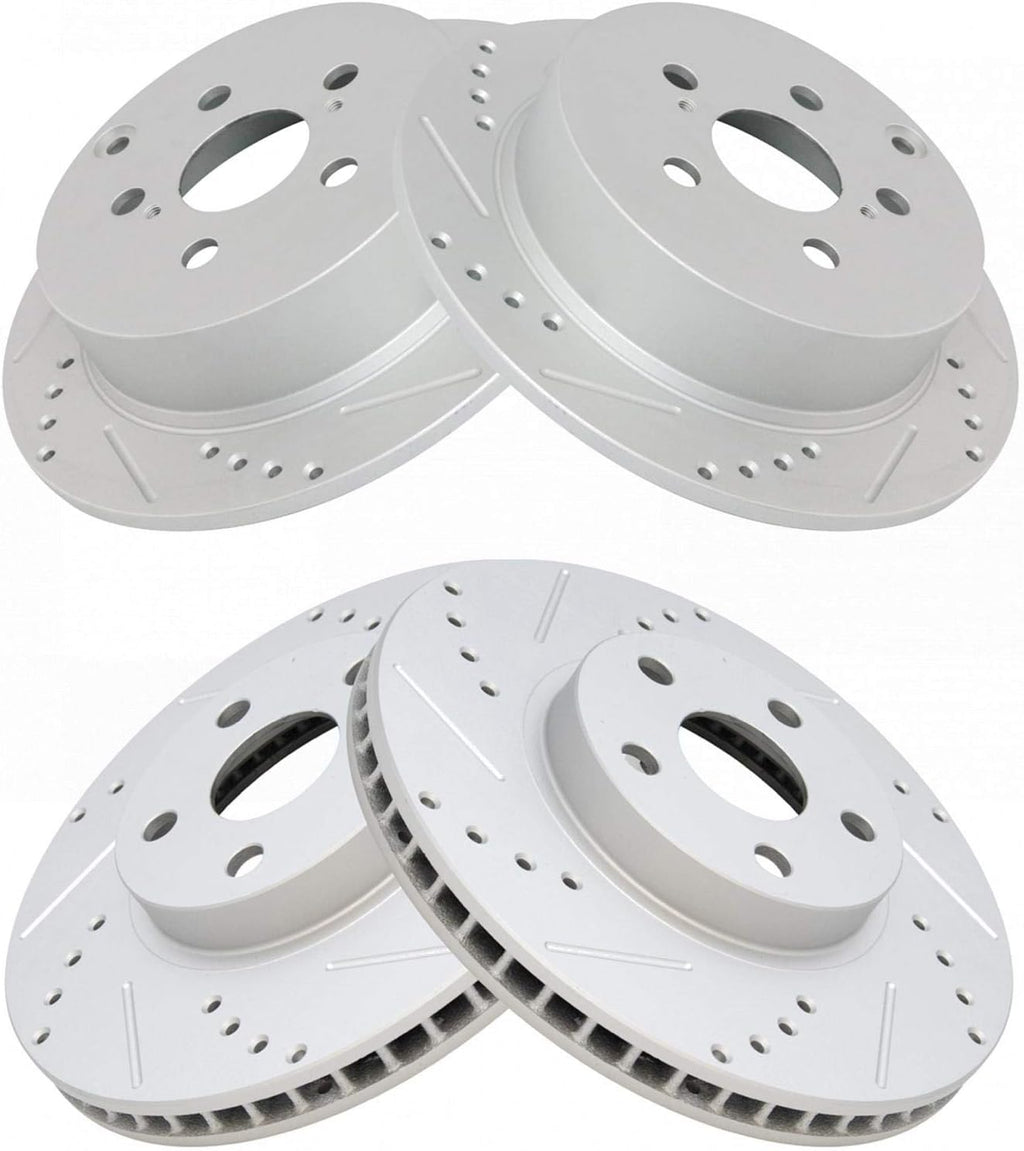 TRQ Front & Rear Brake Rotors Set Performance Premium G-Coated Slotted X Drilled Compatible with 2005-2010 Scion tC