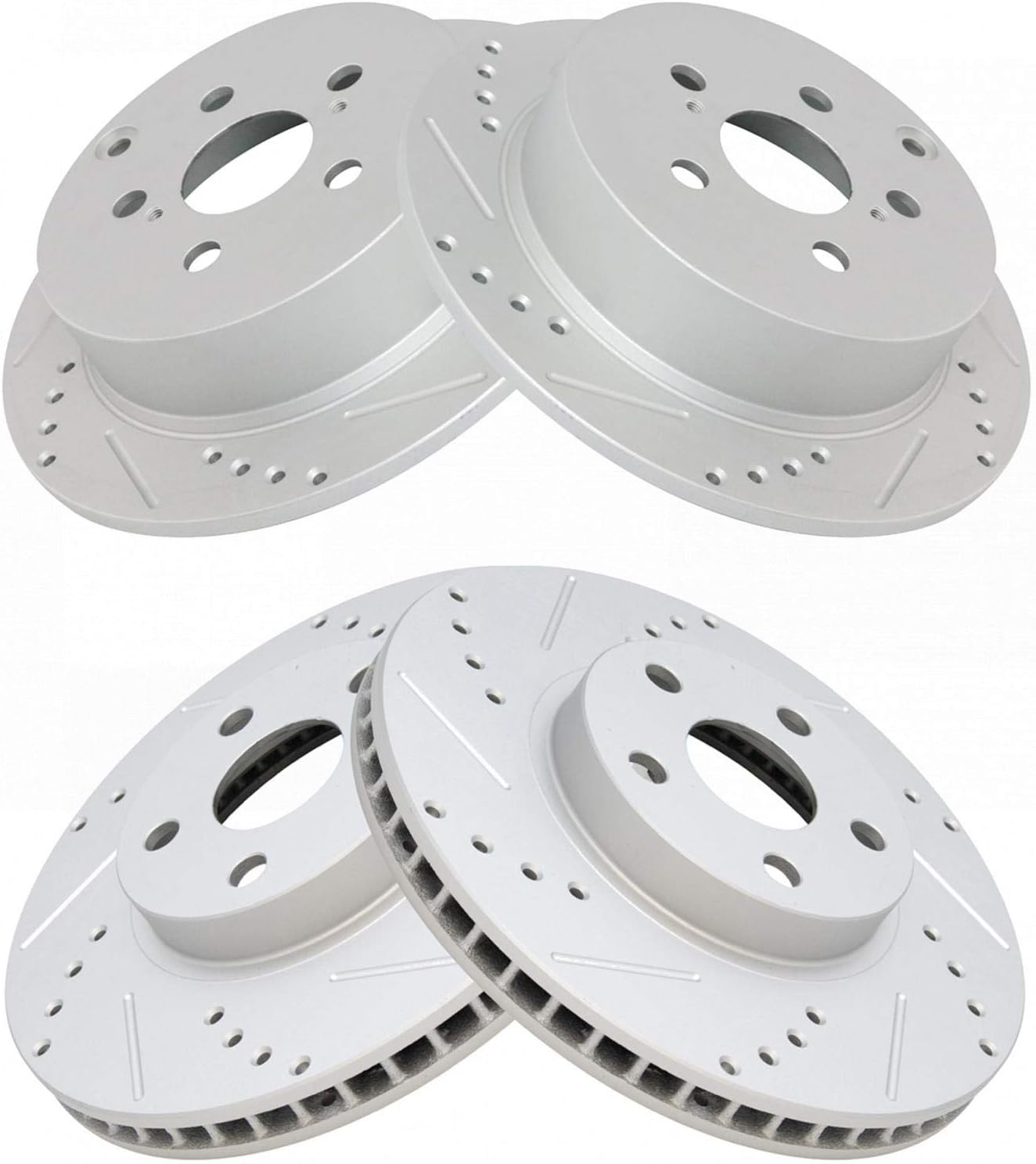 TRQ Front & Rear Brake Rotors Set Performance Premium G-Coated Slotted X Drilled Compatible with 2005-2010 Scion tC