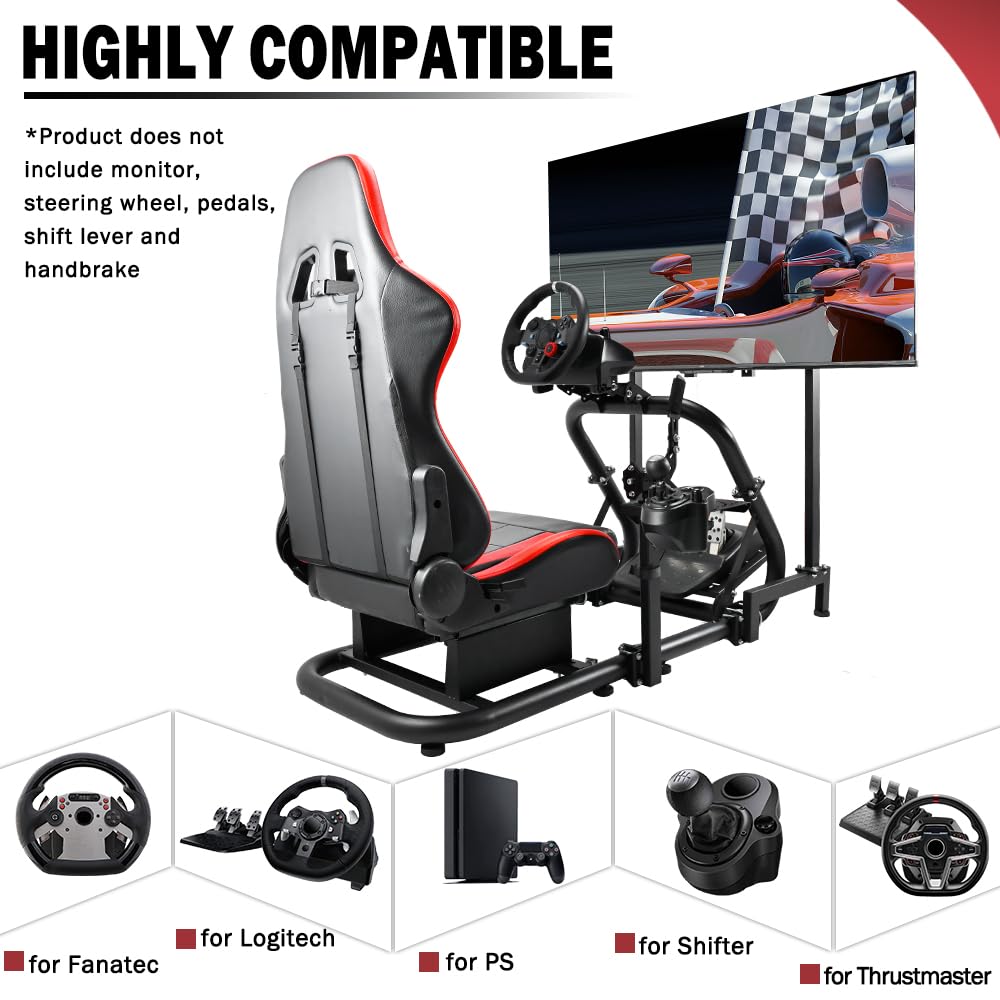 Supllueer Racing Cockpit Stand with Monitor Mount,Racing Wheel Stand with Red Seat Fit for Logitech G25 G27 G29 G920, for Thrustmaster T248, No Steering Wheel Shift Lever Pedal Display