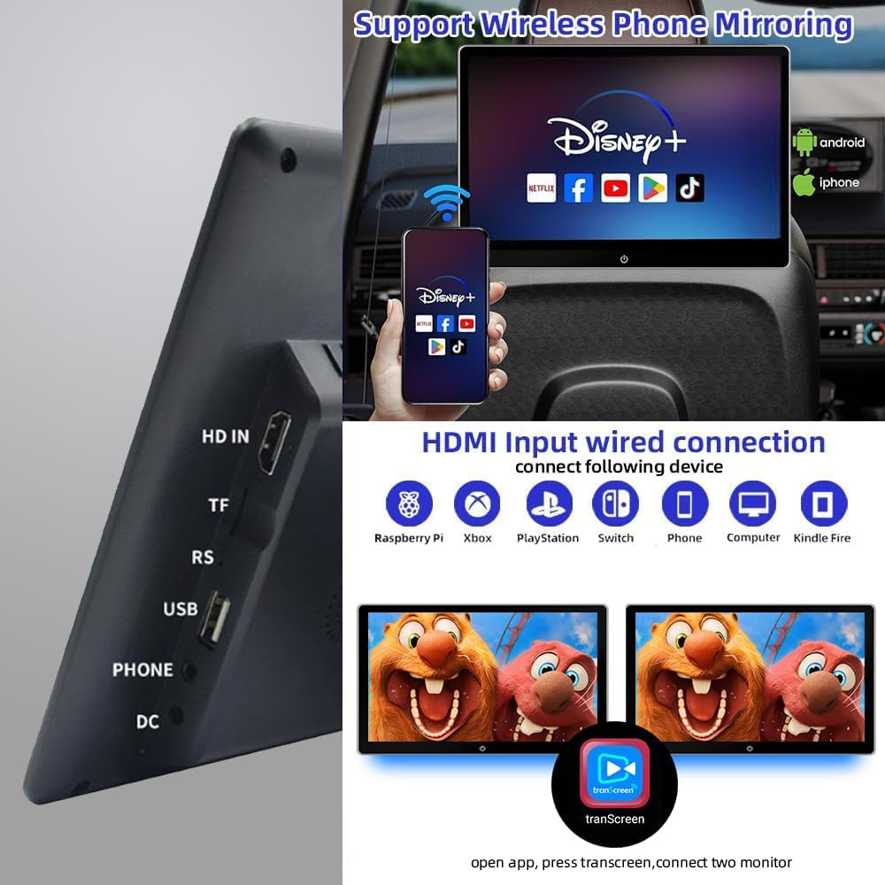 10.1 Inch Android 12 Car Headrest TV Monitor for Car Back Seat Entertainment System with WiFi, Touch Screen, Bluetooth, USB/Hdmi in /2pcs Monitor