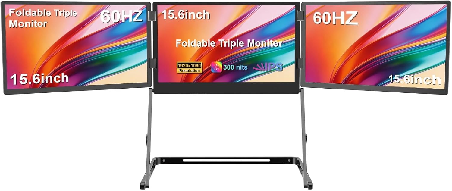 VSDISPLAY 15.6 Inch Portable Triple Monitor for Laptop 3 Screens Quad Monitor 1920x1080 IPS Laptop Screen Extender USB-C Displays Foldable