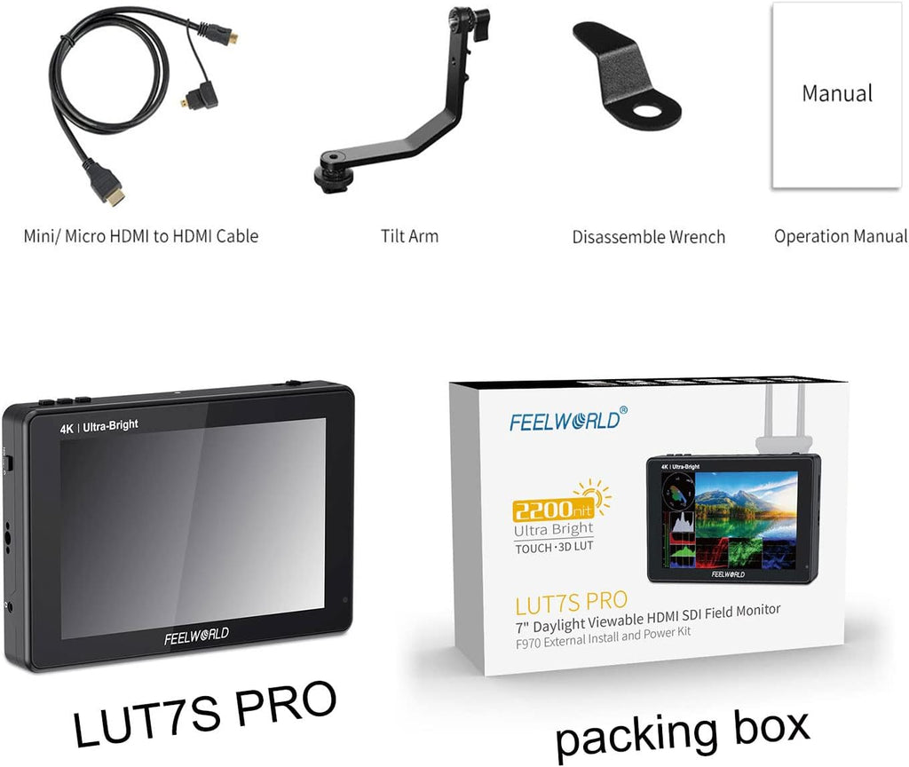 FEELWORLD LUT7S PRO 7 Inch 2200nits DSLR Camera Field Monitor 3D LUT Touch Screen 4K HDMI 3G-SDI Input Output 1920X1200 IPS Panel