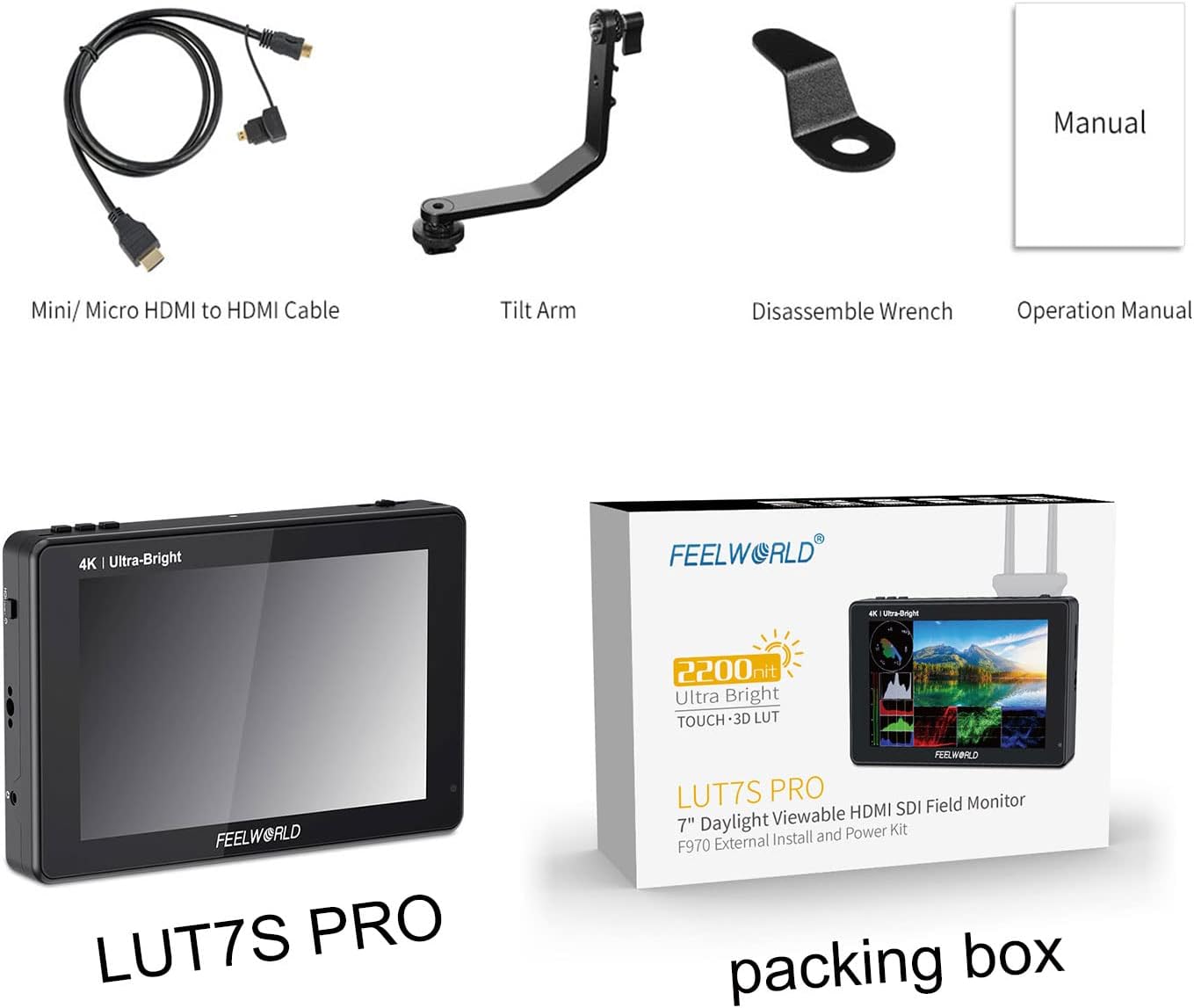 FEELWORLD LUT7S PRO 7 Inch 2200nits DSLR Camera Field Monitor 3D LUT Touch Screen 4K HDMI 3G-SDI Input Output 1920X1200 IPS Panel