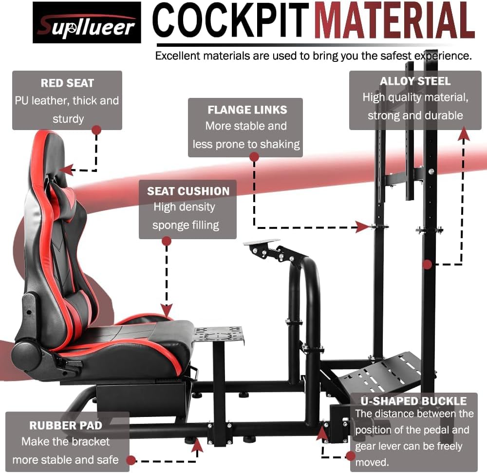 Driving Simulator Cockpit with Monitor Stand & Red Seat Fit for G923 G920 T500 Fantec T3PA/TGT Stable & Strong,No Steering Wheel Shift Lever Pedal Display