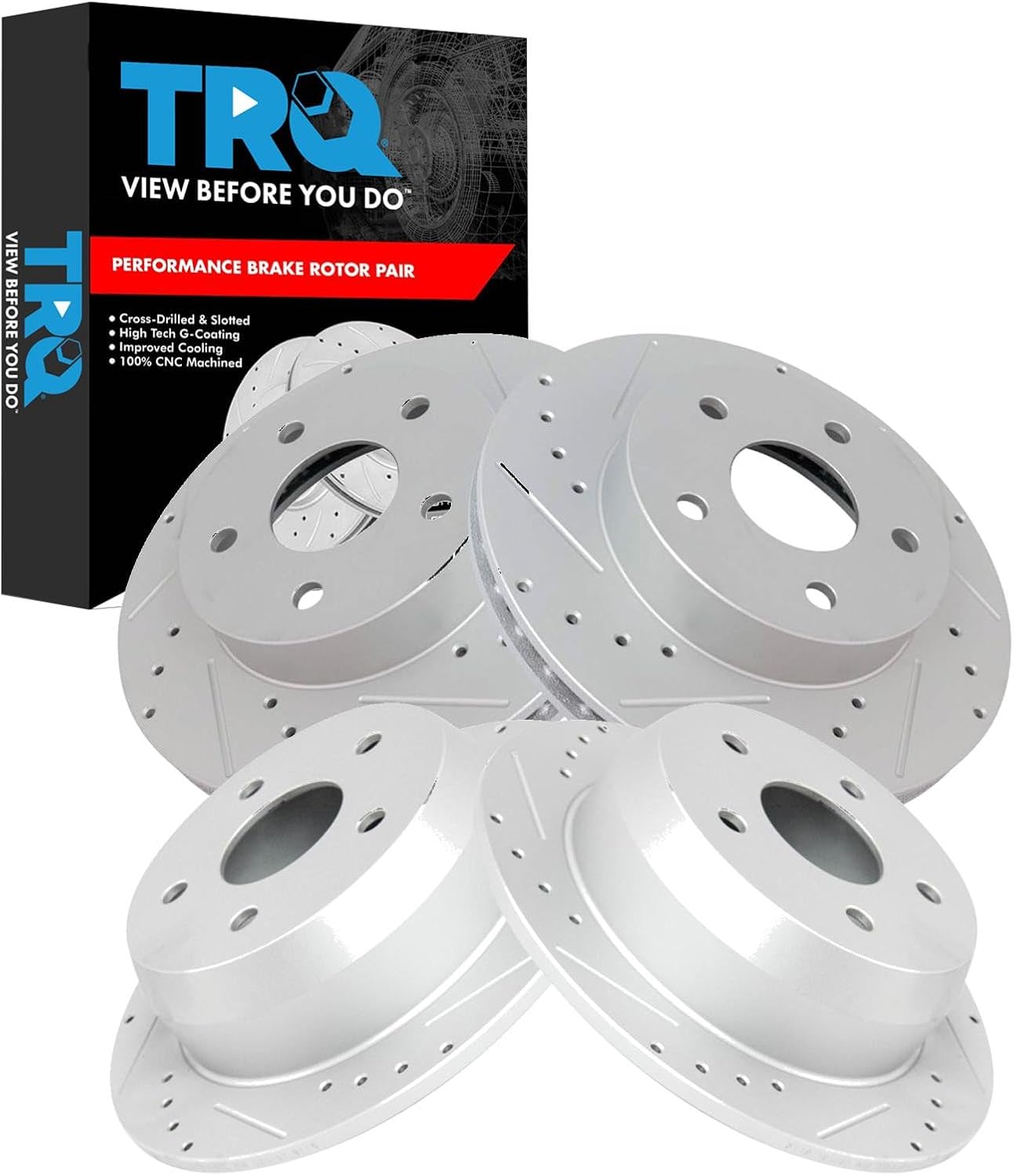TRQ Performance Front and Rear Brake Rotor Set G Coated Drilled and Slotted Compatible with 1999-2004 Jeep Grand Cherokee