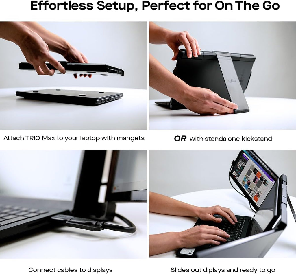 Trio Max Mobile Pixels 14.1'' Portable Monitor for Laptops, Full HD IPS Triple Monitor(Built-in Kickstand), USB A/Type-C Powered On-The-Go, Plug and Play Mac Windows Switch(Optional Magnets)