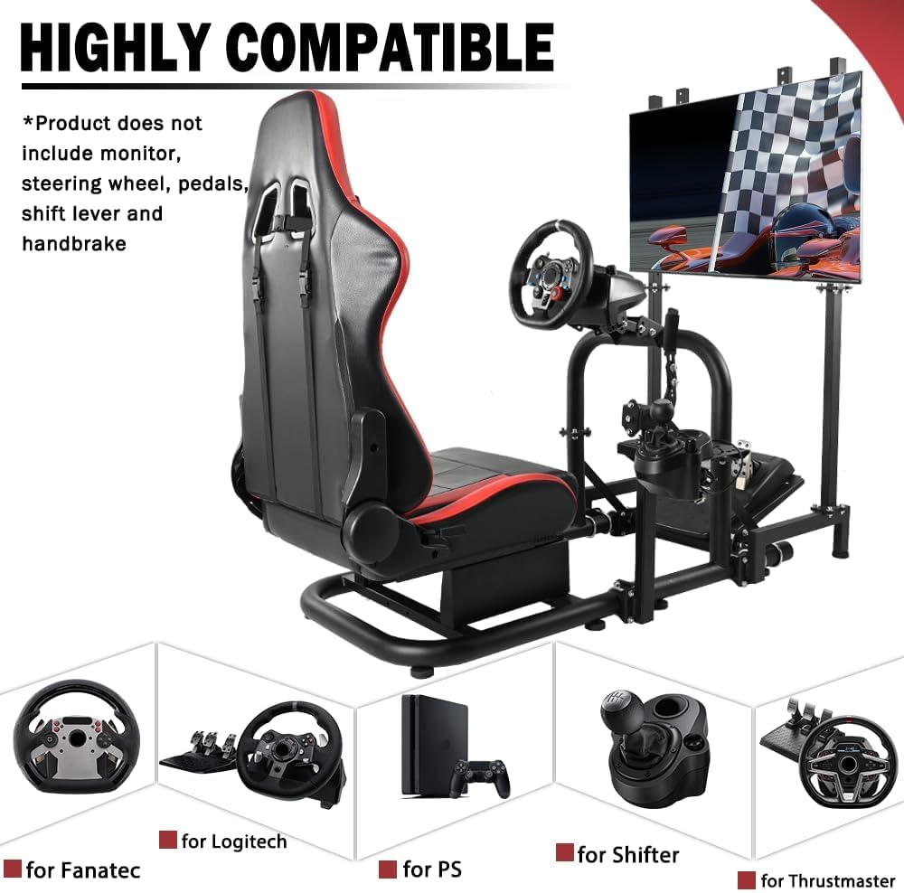 Driving Simulator Cockpit with Monitor Stand & Red Seat Fit for G923 G920 T500 Fantec T3PA/TGT Stable & Strong,No Steering Wheel Shift Lever Pedal Display
