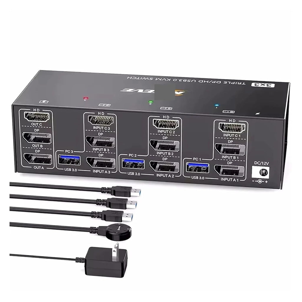 KVM Switch 3 Monitors 3 Computers 8K@60Hz 4K@144Hz, HDMI+2 Displayport KVM Switch Triple Monitor for 3 Computer Share 3 Monitor(UK Plug)