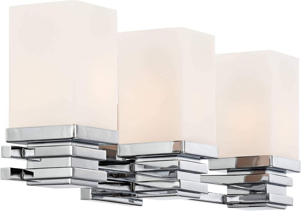 Possini Euro Design Bennett Modern Wall Light Chrome Silver Hardwired 22' Wide 3-Light Fixture Mounted Etched White Opal Glass Rectangular Shade Bathroom Vanity Mirror House Home Hallway Room Decor