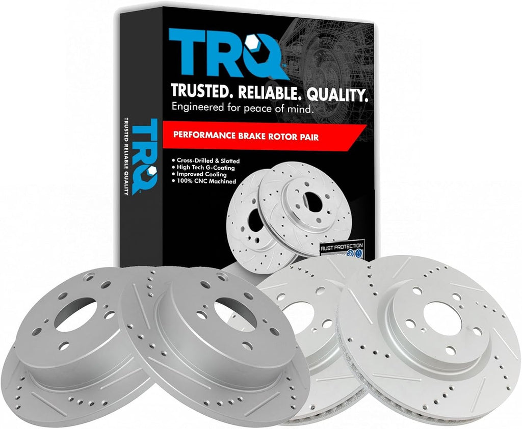 TRQ Performance Front and Rear Brake Rotor Set Coated Drilled Slotted Compatible with 13-18 Toyota RAV4 XLE Limited SE 16-18 Toyota RAV4 Hybrid XLE Limited SE Japan Built Models 1st VIN Digit J