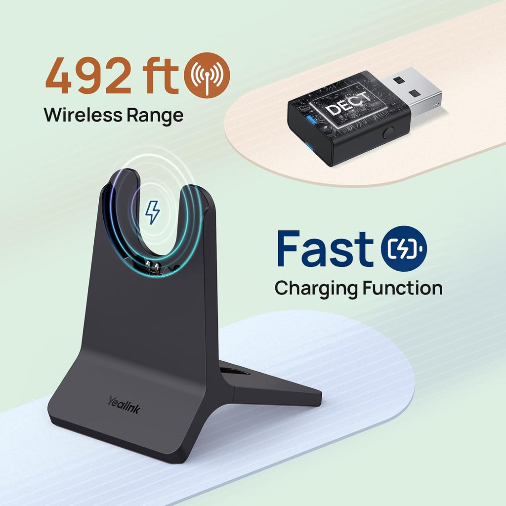 Yealink WH64 Hybrid Wireless Headset with Mic for Work, Dual Mode Bluetooth & DECT Dongle Headset with Charge Stand for PC/Computer/IP Phone/Cell Phones, Teams, Zoom, 492 ft Range, 32H Talk Time