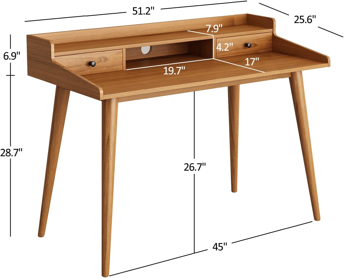 Mid Century Modern Desk, 51' Wood Home Office Writing Computer or Laptop Desk with Monitor Stand Riser and Open Storage Cubby, Vanity Desk with 2 Drawers (51.2'×25.6')
