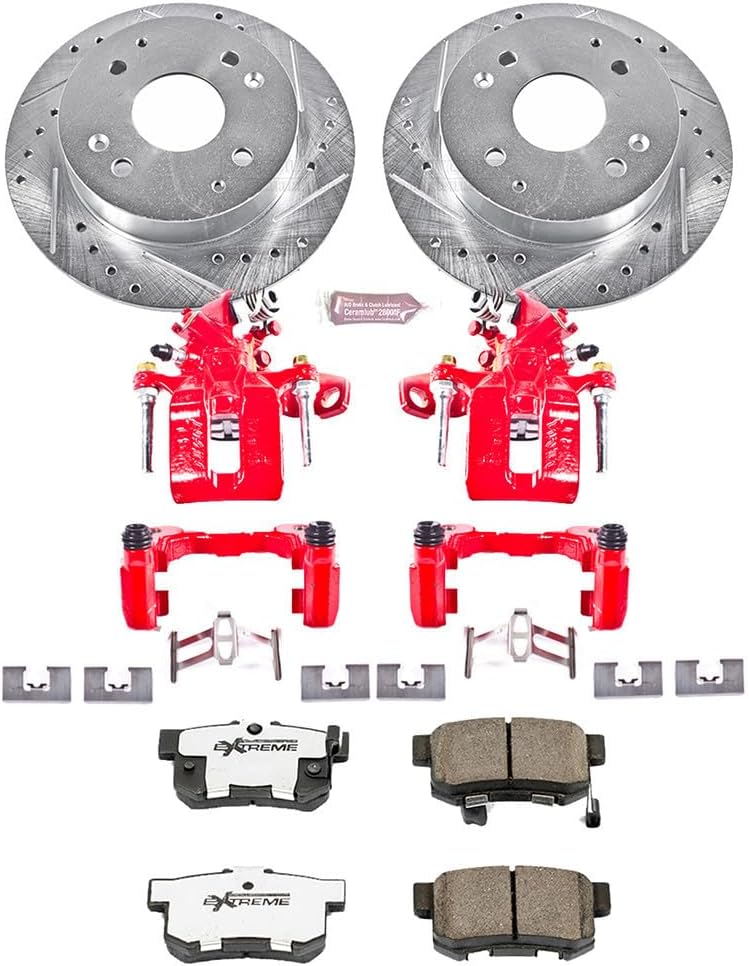 PowerStop Rear Brake & Caliper Kit for Acura ILX 2013-15 | Honda Civic 2006-15 - Drilled & Slotted Disc Rotors + Carbon-Fiber Ceramic Brake Pads + Red-Powder Coated Calipers, KC1243-26