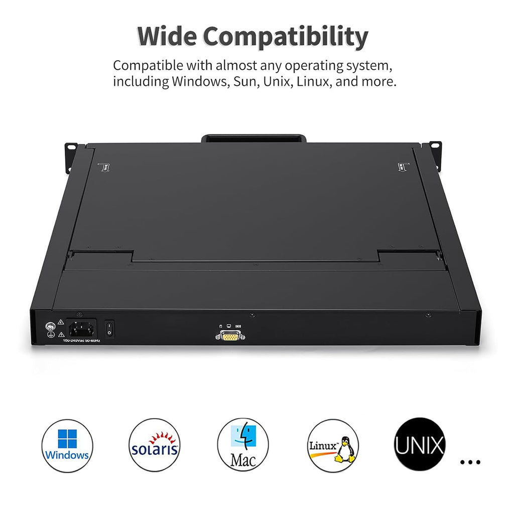 Rack Mount KVM Console, 19' Rack Mount Monitor, Single Port VGA, 1U LCD KVM Drawer with Keyboard and Touch Pad, 17.6'x19.9'x1.67' (W x D x H),1280×1024@60Hz, USB/VGA Cable Included,50,000 MTBF