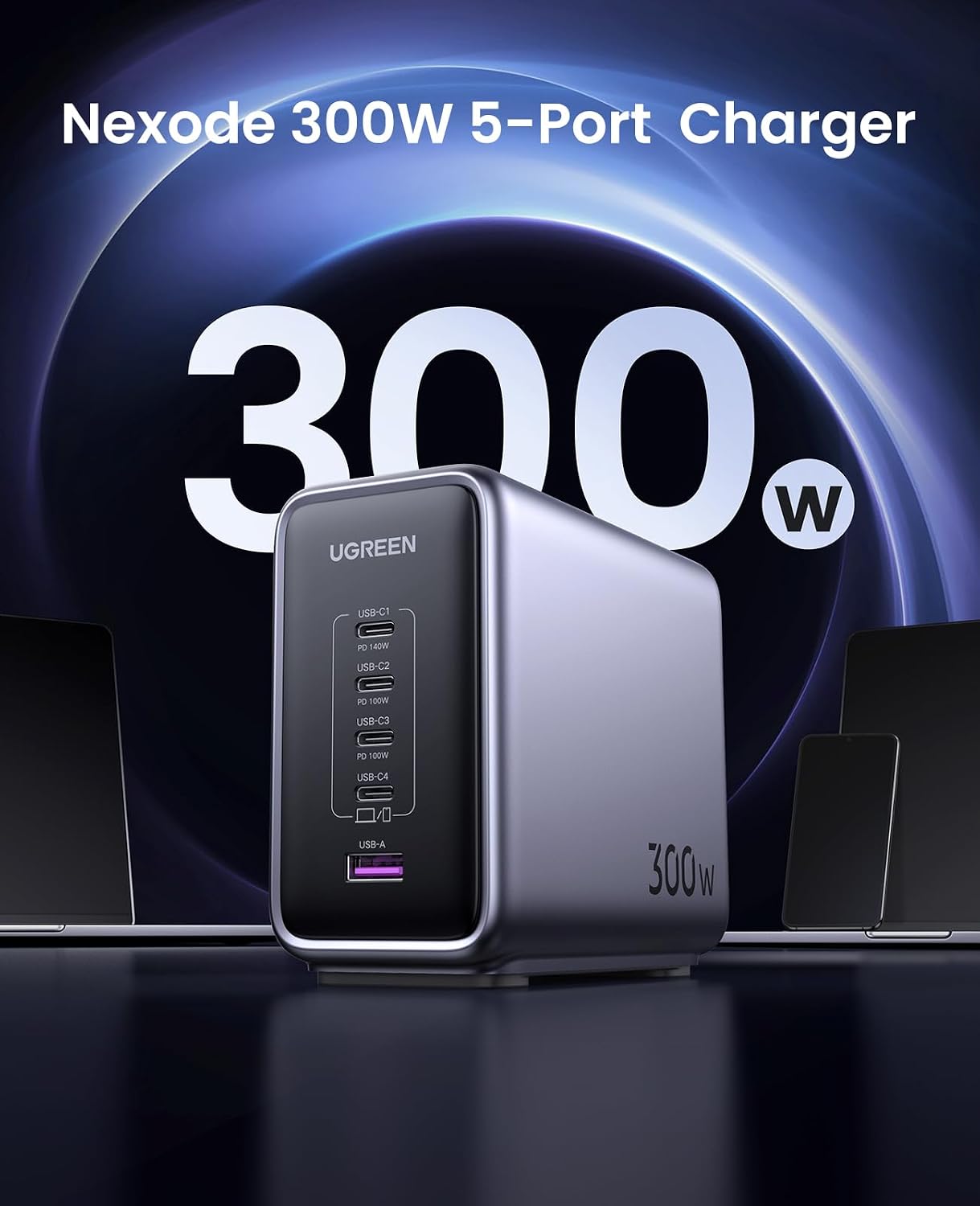 UGREEN Nexode 300W GaN Charging Station, 5-Port 140W Max Desktop Charger Compatible with MacBook Pro/Air/Neo, Dell XPS, iPhone 17/16/15, Galaxy S26/S25/S24, Pixel 10/9, iPad Air/Pro, Steam Deck
