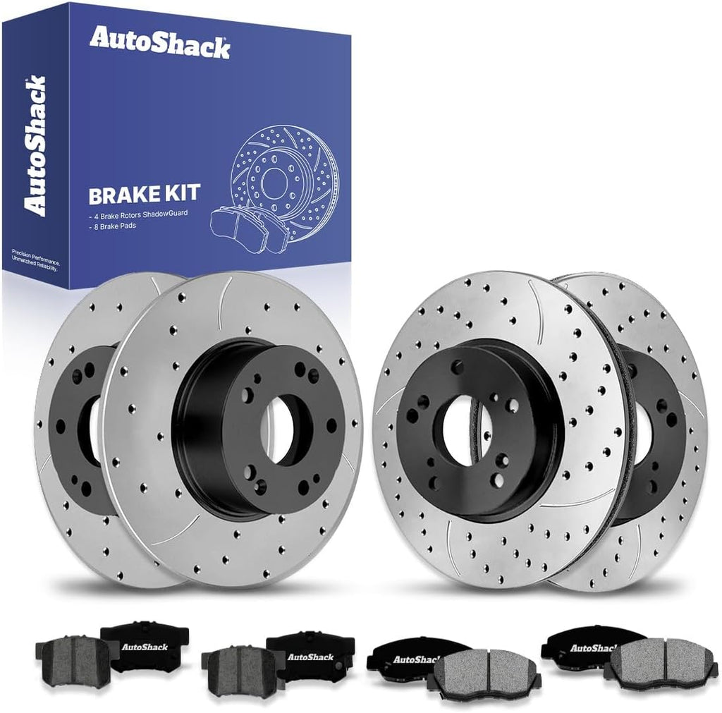 AutoShack Front & Rear Brake Rotors & Premium Pads for Honda, Accord 2003-2007, FWD L4 2.4L V6 3.0L - E-Coated Drilled & Slotted - ShadowGuard