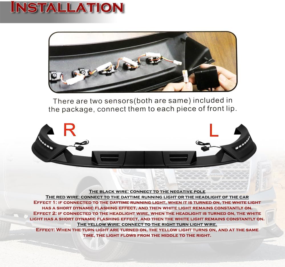 Stay-Tuned, 4PC STP-Style ABS Front Bumper Lip Spoiler Splitter w/LED Sequential Running Light, Compatible with 2017-2019 Nissan Titan, Replacement Exterior Accessory (+ Running Lights)