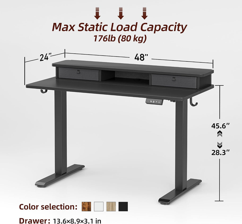 TIQLAB Standing Desk with Two Drawers, Stand Up Standing Desk Adjustable Height, Electric Sit Stand Table with Storage Shelf and Splice Board, 55 * 24 inch, Black