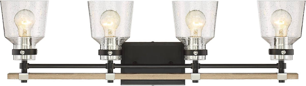 Possini Euro Design Broadway Modern Industrial Wall Light Black Painted Faux Wood Hardwired 32' 4-Light Fixture Clear Seedy Glass Shade for Cottage Core Bedroom Bedside Bathroom Vanity Living Room