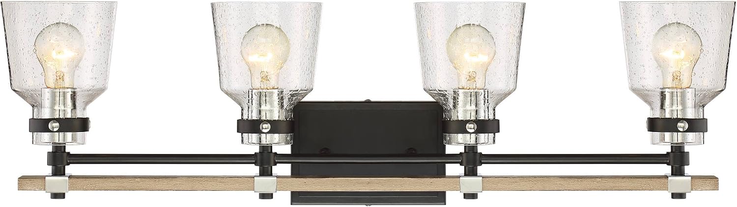 Possini Euro Design Broadway Modern Industrial Wall Light Black Painted Faux Wood Hardwired 32' 4-Light Fixture Clear Seedy Glass Shade for Cottage Core Bedroom Bedside Bathroom Vanity Living Room