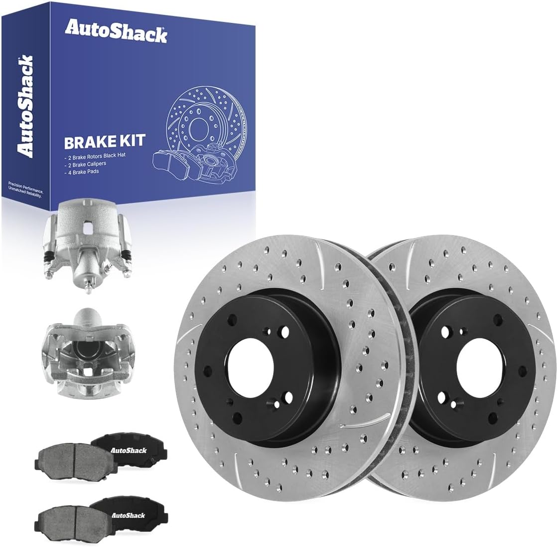 AutoShack Front Brake Rotors, Ceramic Pads & Calipers for Honda, Accord 2003-2017 Civic 2013-2021, FWD L4 1.5L 1.8L 2.0L 2.4L - E-Coated Drilled & Slotted - ShadowGuard - 11.1' (281.95 mm), 5-Lug