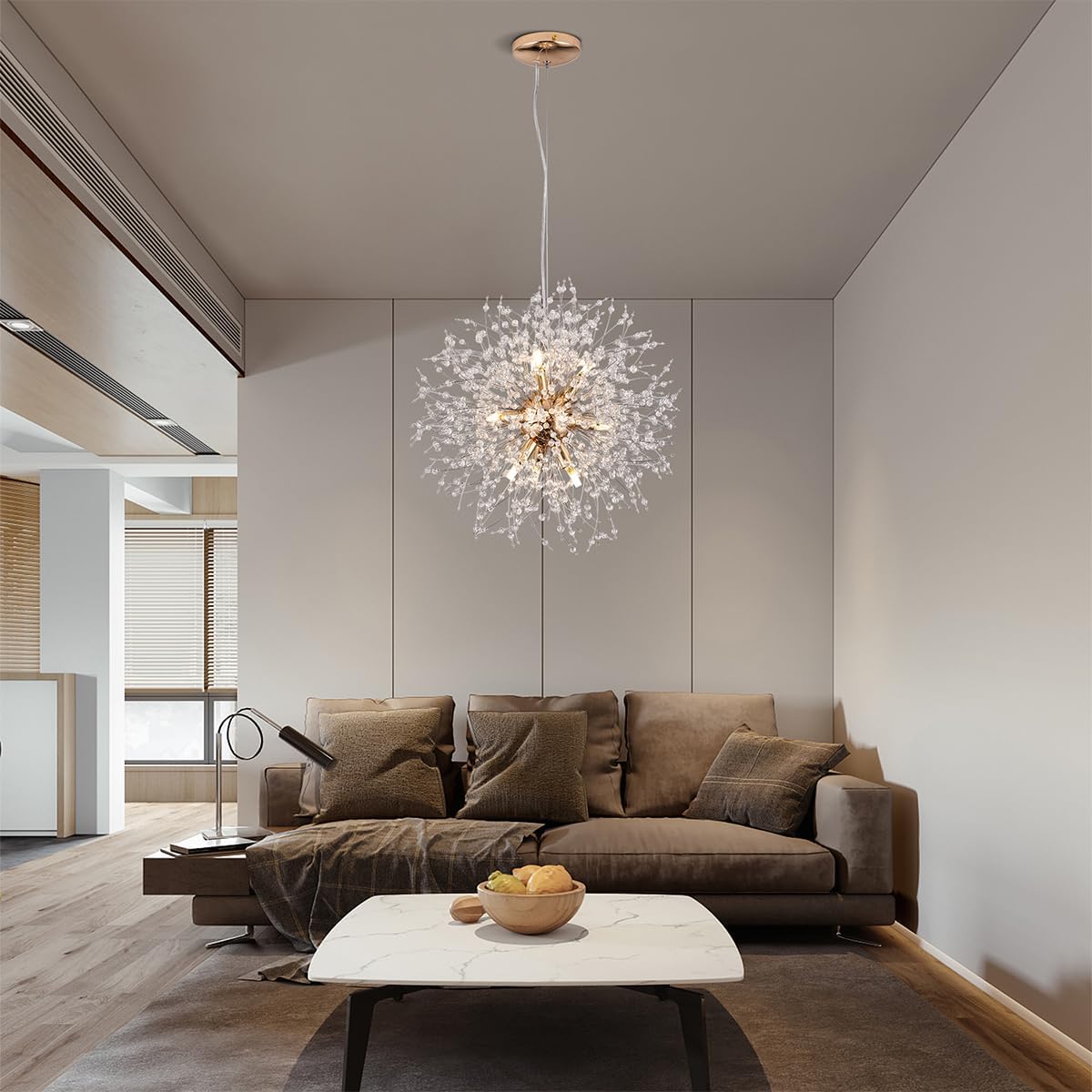 Firework Gold Crystal Chandelier, 9-Light Dandelion Chandelier Lighting for Dining Room, 19.6' Modern Sputnik Pendant Light for Bedroom Kitchen Island