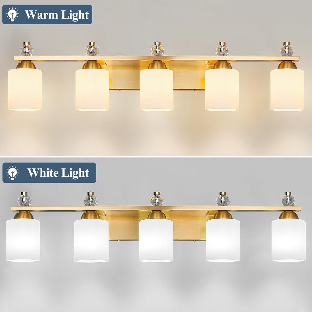 White Glass Bathroom Vanity Light 5 Light Mid Century Gold Bathroom Lighting Fixtures Over Mirror Modern Vanity Lighting Wall Mount for Bathroom Mirror Hallway(Bulbs Not Included)