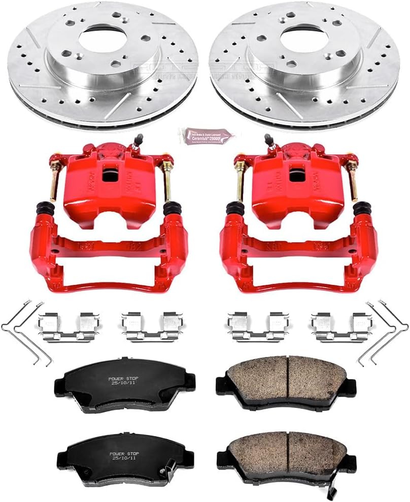PowerStop Front Brake & Caliper Kit for Honda Civic 2006-11 - Carbon-Fiber Ceramic Brake Pads + Drilled & Slotted Rotors + Red Powder Coated Calipers, KC2389