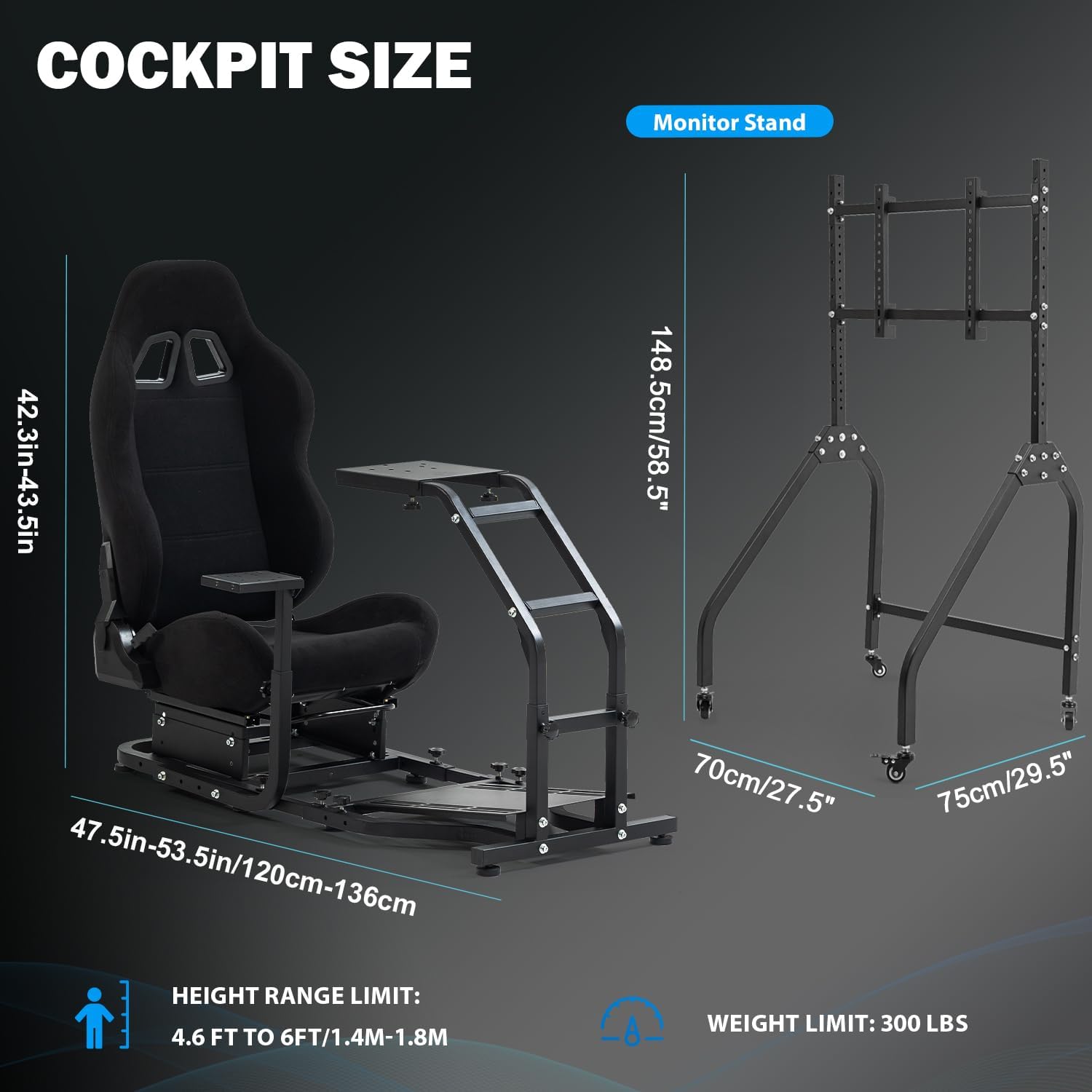 Anman Driving Simulator Cockpit with Movable Monitor Stand and Adjustable Seat Fit for Logitech G29 G923 G920, for Thrustmaster T80 T150 T248