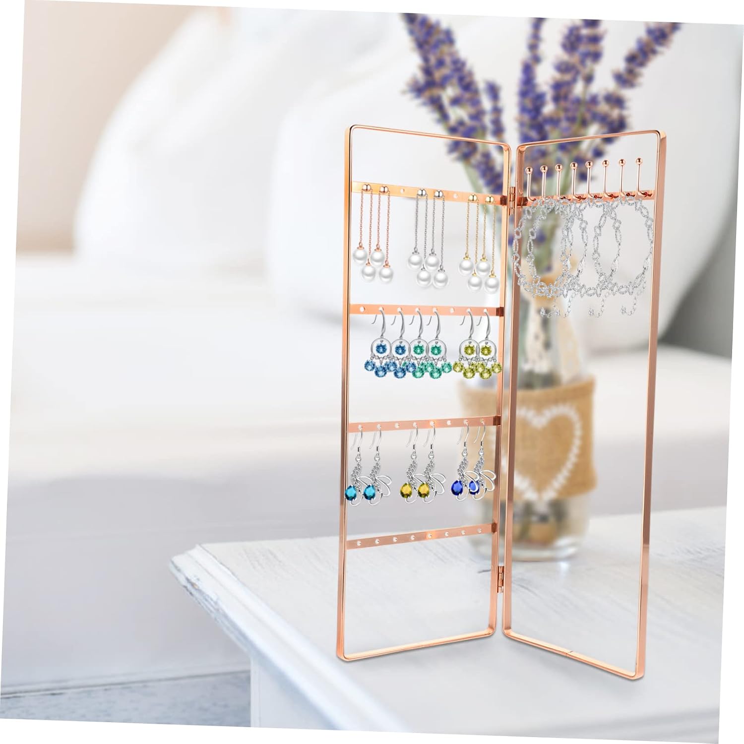 4pcs Wrought Iron Jewelry Stand Delicate Jewelry Stand Ornament Display Stand Monitor Stands Necklaces Display Stand Earring Display Stand Necklace Display Rack Earrings Organizer (Rose Goldx3pcs 28
