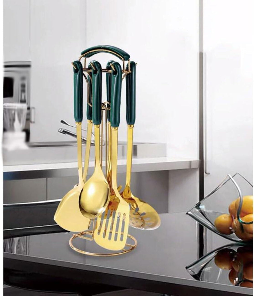 7-Piece Stainless Steel Cooking Utensils Set, Spoons & Spatulas with Storage Shelf, Ceramic Handle Kitchen Gadgets，Pink-One Size