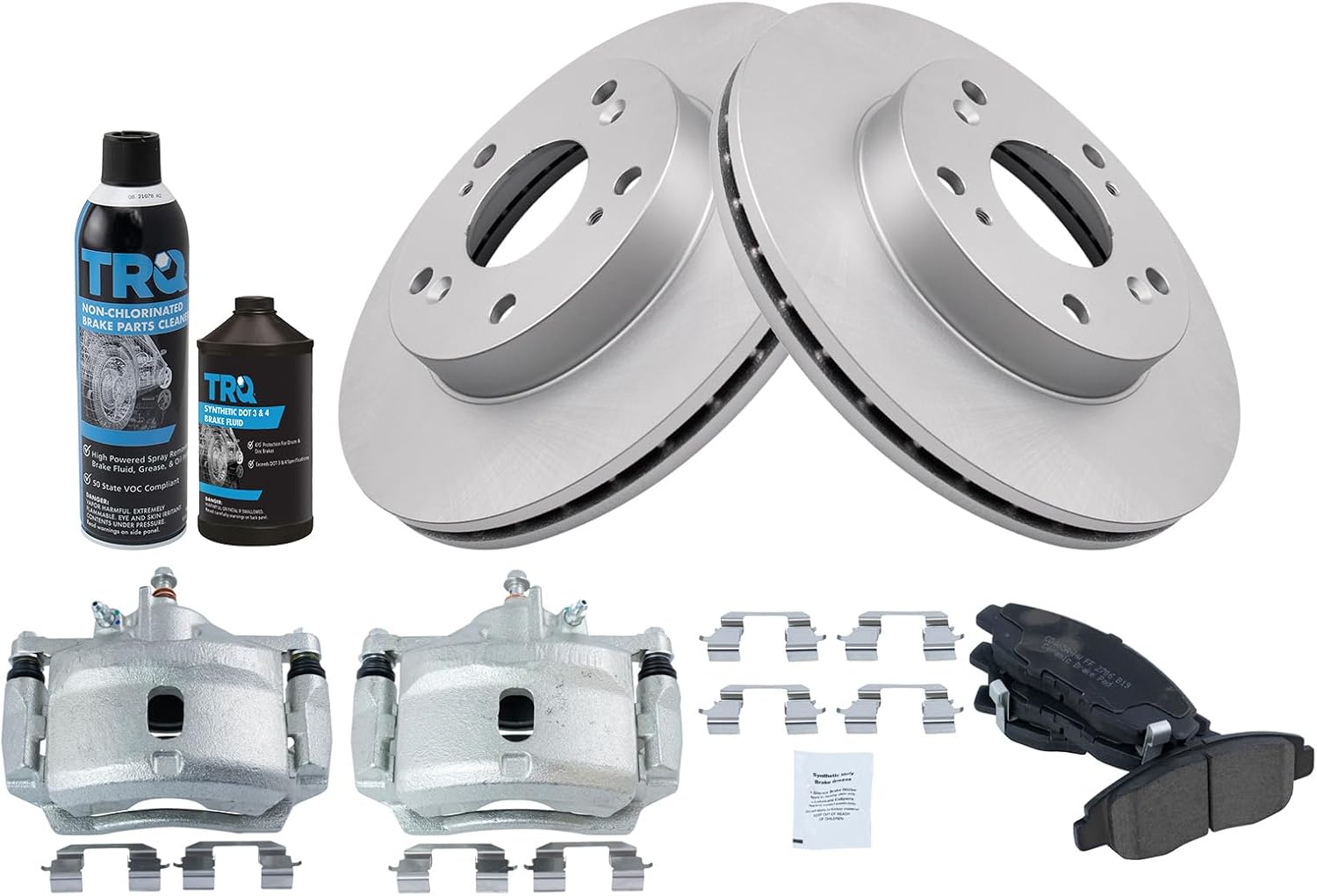 TRQ Front Brake Pad, Caliper, & Rotor Kit, with Chemical Kit Ceramic Premium G-Coated Compatible with 2006-2011 Honda Civic