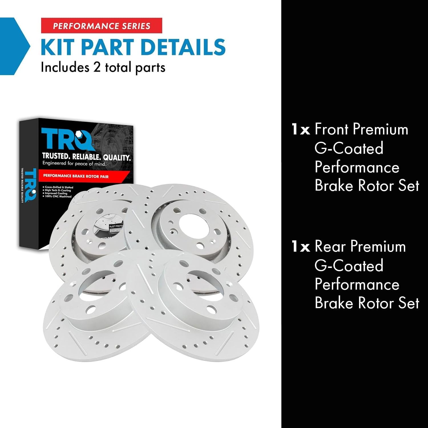 TRQ Performance Front and Rear Brake Rotor Set G Coated Drilled and Slotted Vented Solid Compatible with 1998-2010 Volkswagen Beetle 1999-2006 Golf 1999-2006 Jetta