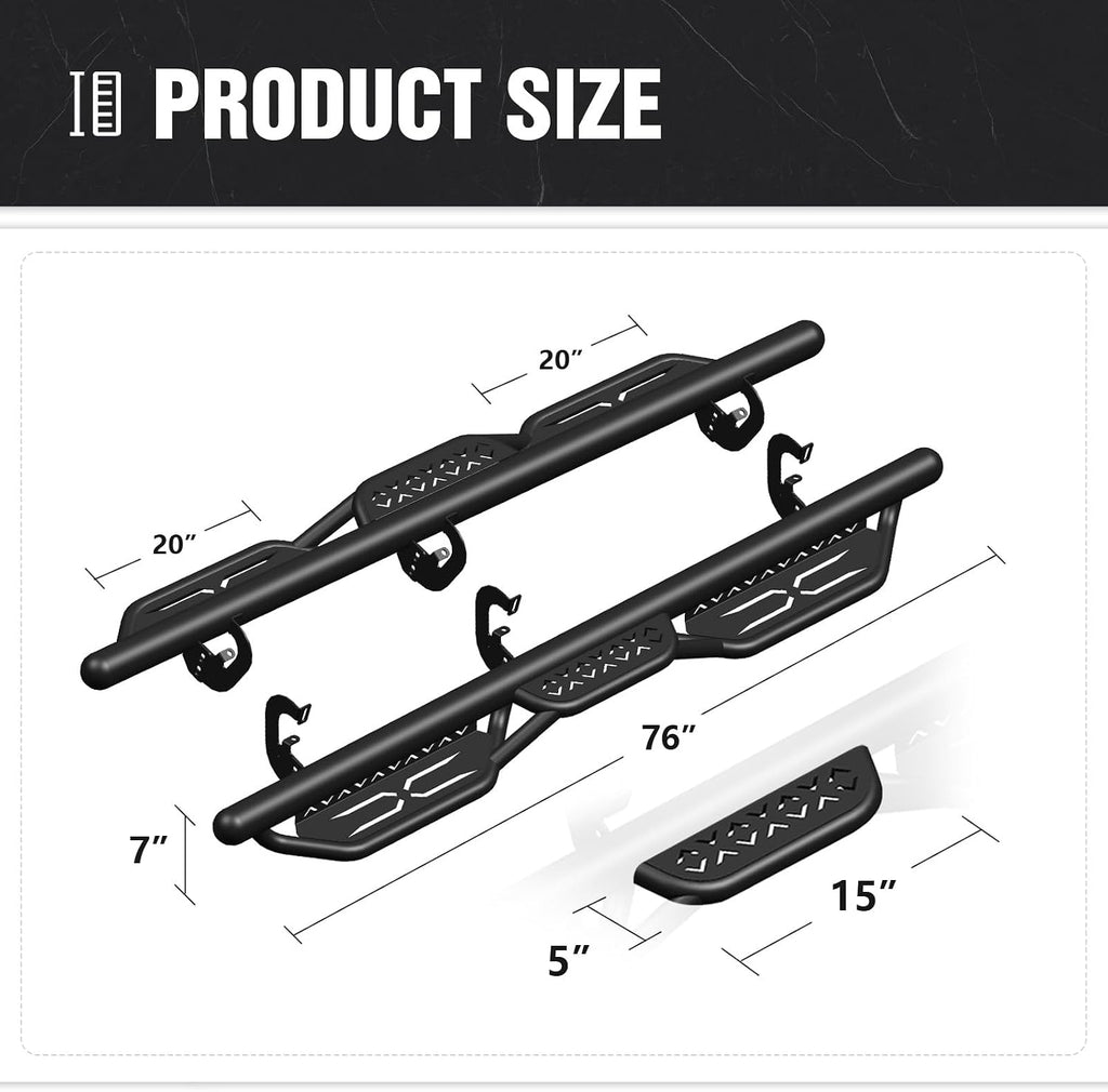 YZONA Double Cab Running Boards Compatible with 2007-2018 Chevrolet Silverado & GMC Sierra 1500, 2007-2019 Chevy Silverado & GMC Sierra 2500 3500 HD Extended Cab Side Step Nerf Bar Two Stairs Design