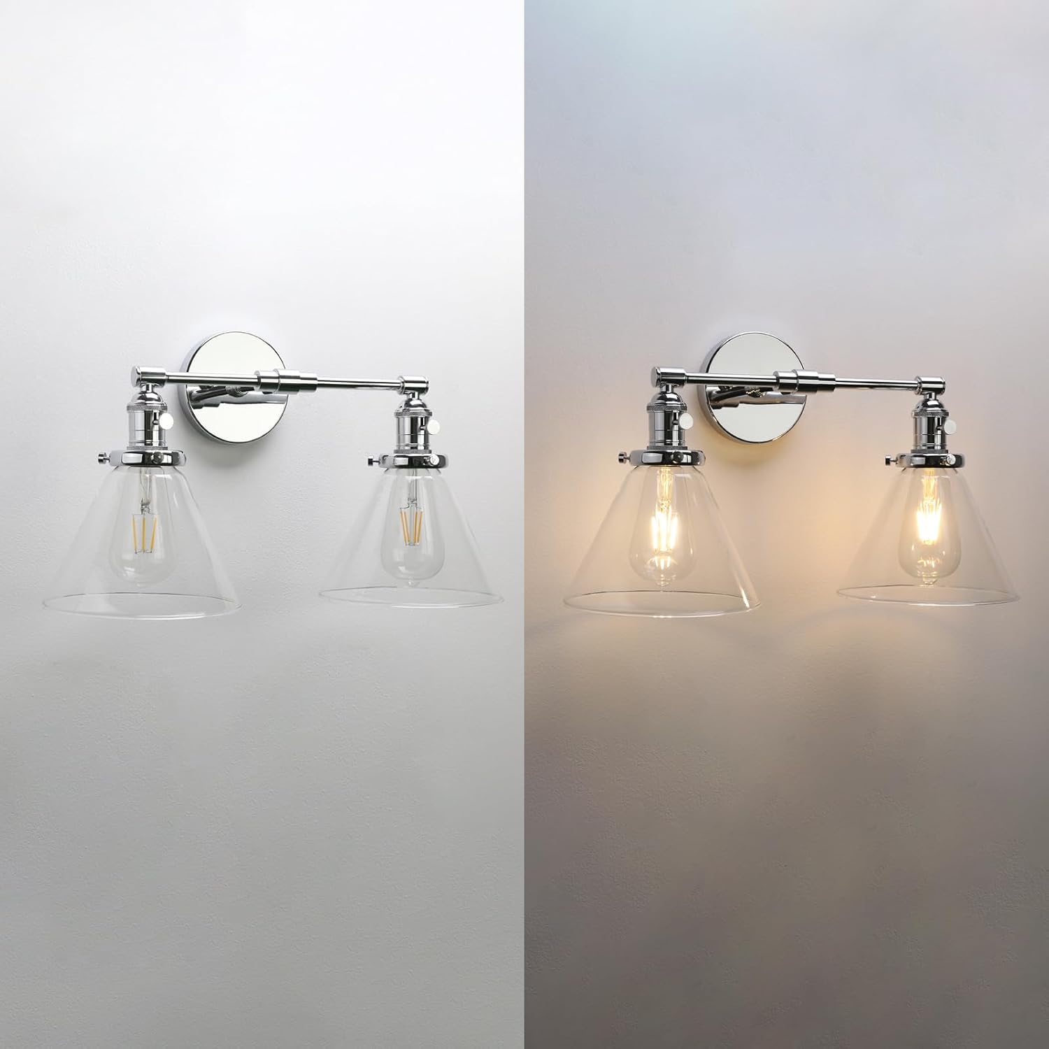 Phansthy 2-Light Wall Sconce Industrial Dual-Light Wall Light with Dual 7.3 Inch Cone Glass Lampshade (Chrome)