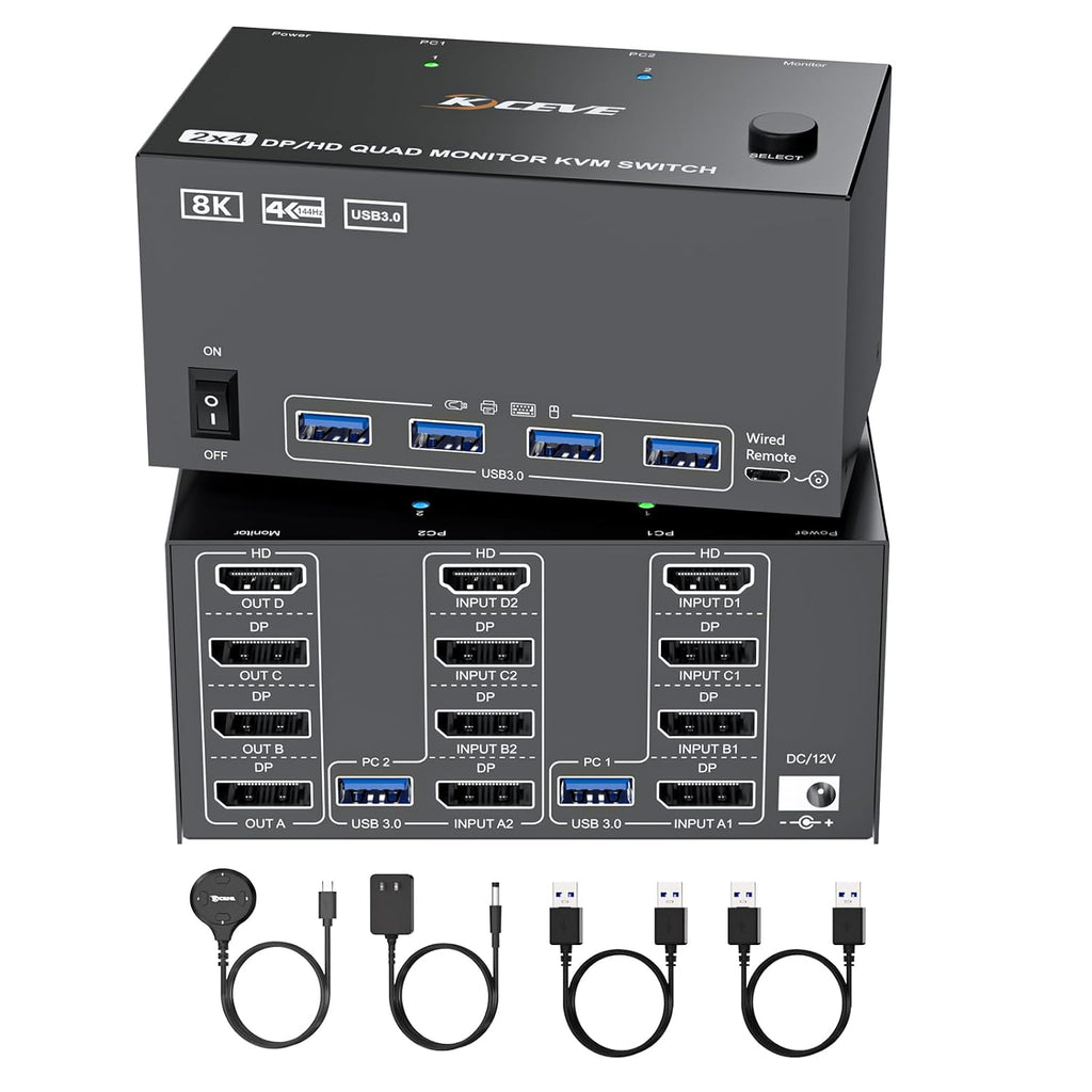 KVM Switch 4 Monitors 2 Computers 8K@60Hz/4K@120Hz, HDMI DP KVM Switches for 2 PC Sharing Quad Monitor and Keyboard Mouse with Power Adapter, Wired Extend Controller and USB Cables, 【Input 3 DP+1 HD】
