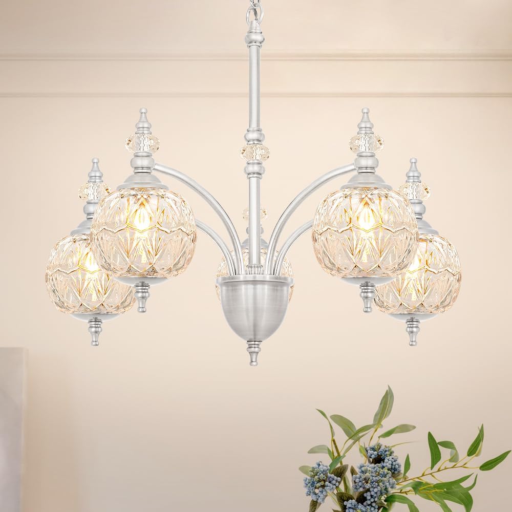 Vintage Brushed Nickel Chandelier - Adjustable Height Dining Room Light Fixture with Handcrafted Blown Glass - 5-Light G9 Base, Ideal for Kitchen, Entryway, Enhances Luxury Home Decor for Discerning