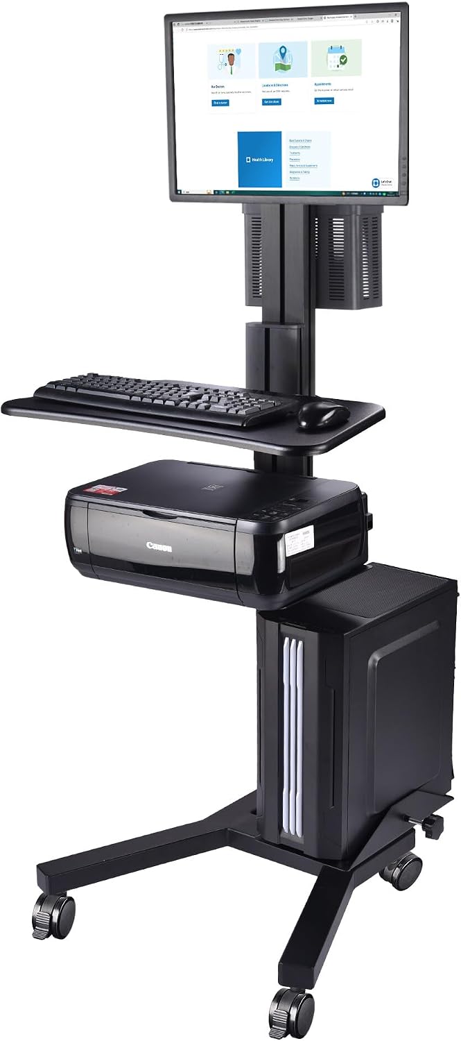 AW Mobile Computer Cart Medical Rolling PC Stand Desk Workstation on Wheels with Monitor Mount Adjustable Keyboard Tray CPU Printer Holder for Hospital School ANSI/BIFMA X5.5-2021 Certificated Black