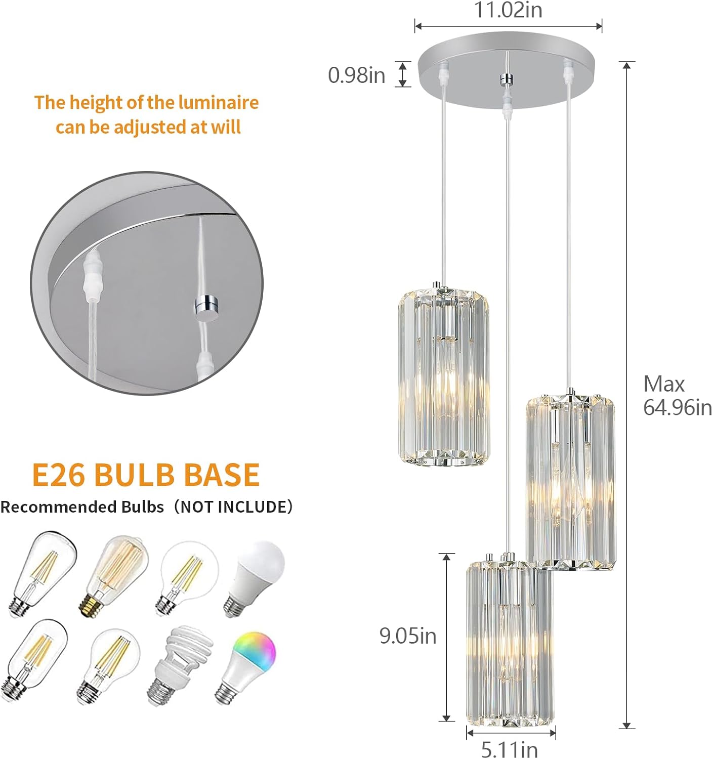Chrome Pendant Lighting Modern Pendant Light, Mini Crystal Chandeliers,Adjustable Pendant Light Fixture for Kitchen Island Dinning Room Corridor Bedroom(Chrome 3-Light)