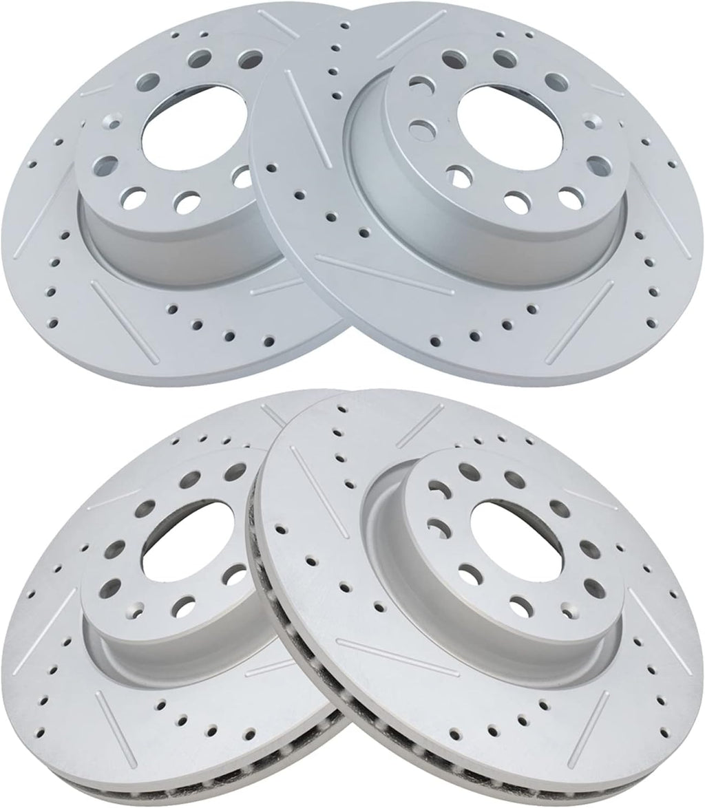 TRQ Performance Front and Rear Brake Rotor Set G Coated Drilled and Slotted Compatible with 2006-2009 Audi A3 2015 Audi Q3 2005-2017 Volkswagen Jetta GTI Passat CC Tiguan Eos 2018 Tiguan Limited
